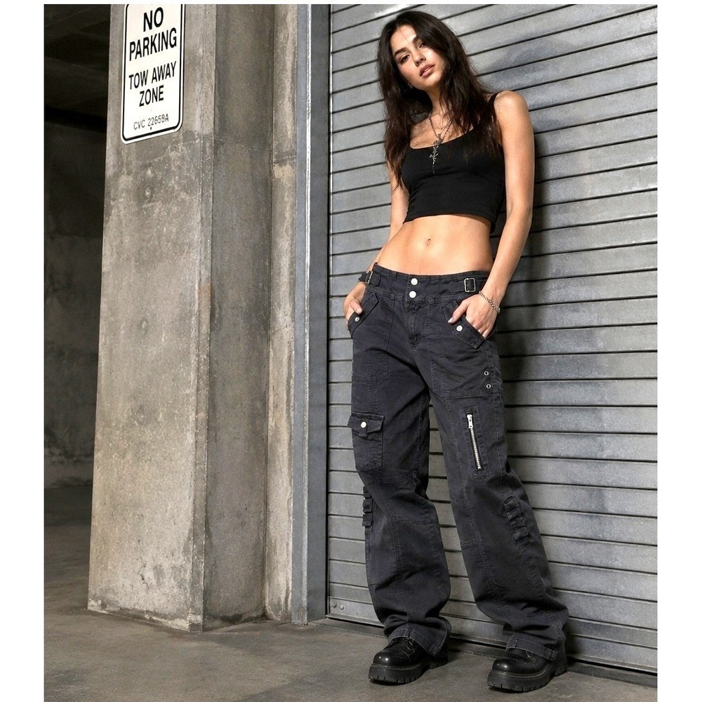 I AM GIA Cargo Pants Small Dark Gray Low Rise Utility Zip Pocket Adj Waist Y2K